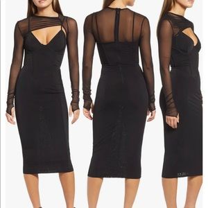 Fitted midi dress, mesh bolero style shoulder, features a corset-inspired bodice